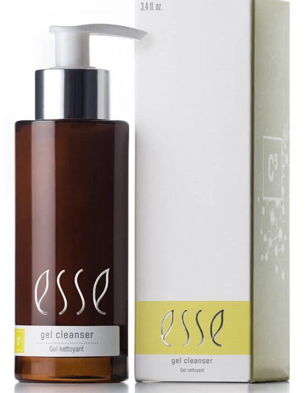 A 3.4 fluid ounce (100 milliliter) brown pump bottle labeled "Esse Gel Cleanser" stands next to its light-colored box packaging, which displays the same "Esse" branding and product details in white and lime green.