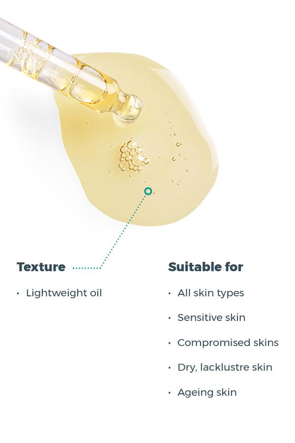 A close-up image of Esse Protect Oil, a light yellow oil being dispensed from a dropper. Text beside the oil reads: "Texture: Lightweight oil. Suitable for: All skin types, Sensitive skin, Compromised skins, Dry, lacklustre skin, Ageing skin.