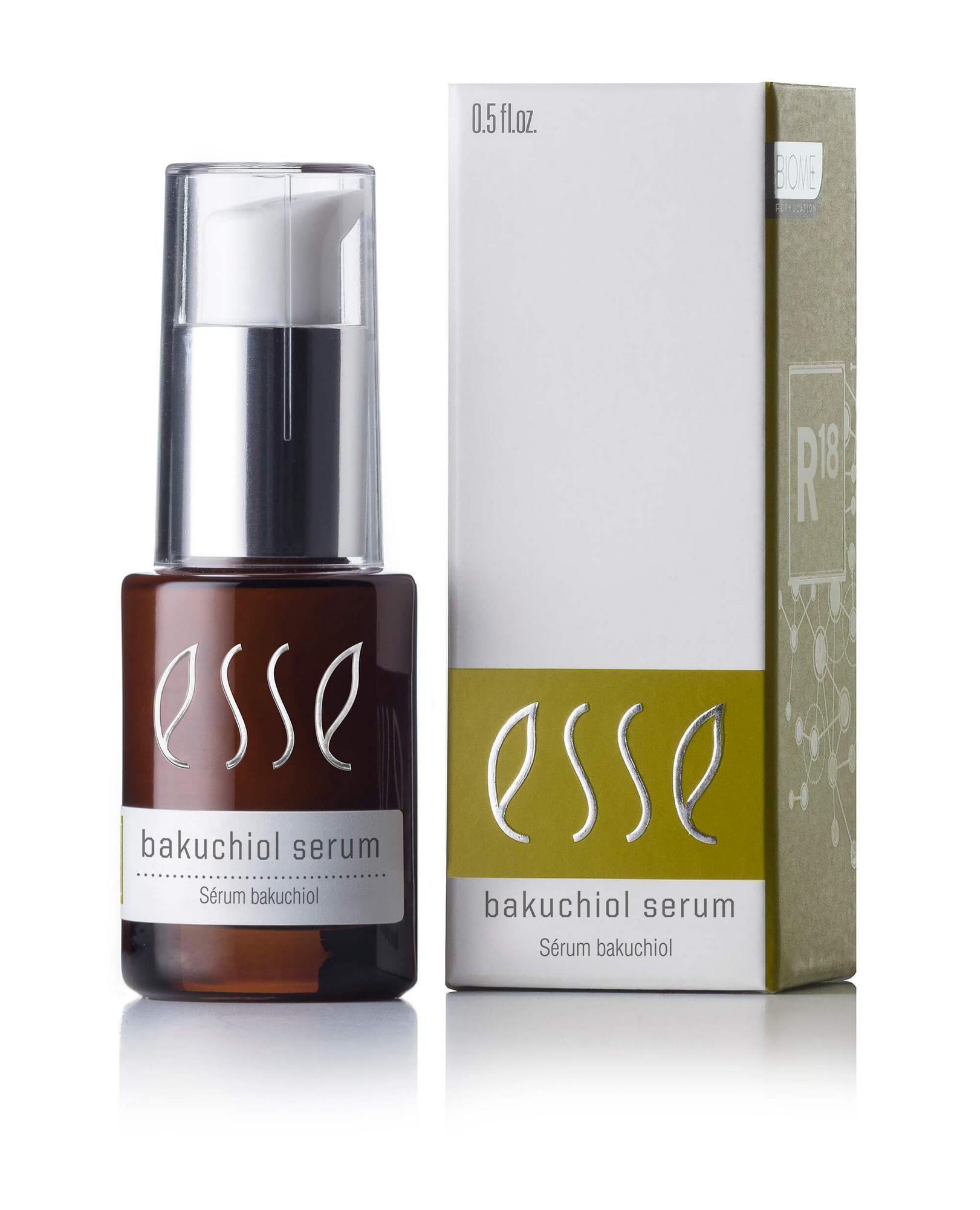 A brown bottle of "Esse Bakuchiol Serum" with a white pump dispenser is displayed next to its box packaging, which features the product name and an image of chemical bonds. The box is white with green and gray accents and text. The product volume is 0.5 fl. oz.