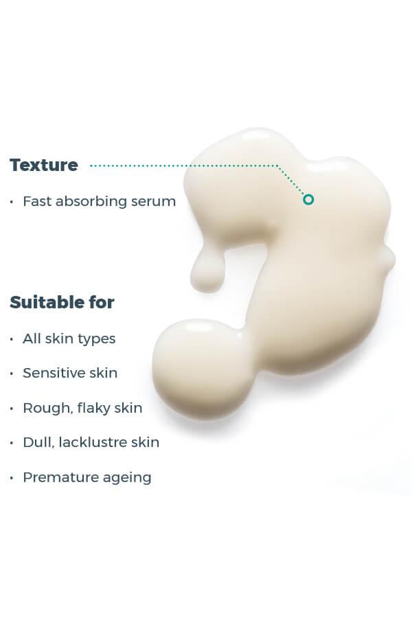 A blob of Esse Pro-Sun D Serum with text indicating it is suitable for all skin types, including sensitive skin, rough/flaky skin, dull/lackluster skin, and premature aging. The text describes the texture of the serum as fast-absorbing.