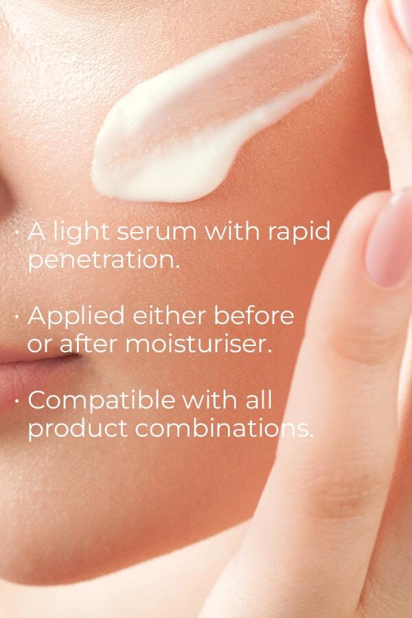 Close-up of a person’s face with a dollop of Esse Pro-Sun D Serum on the cheek. A hand is applying the serum with a finger. Text overlays describe the serum: "A light serum with rapid penetration. Applied either before or after moisturizer. Compatible with all product combinations.