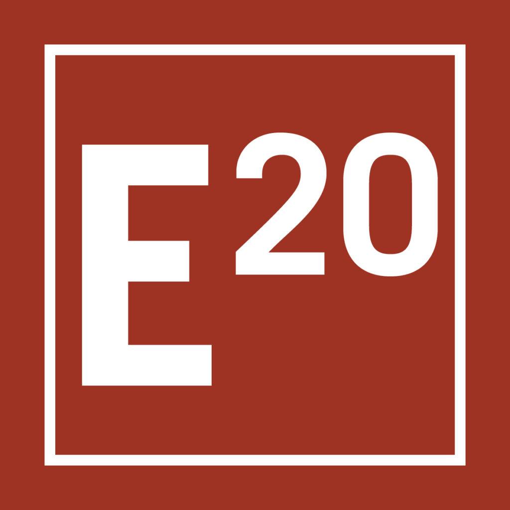 A bold, white letter "E" followed by the number "20" inside a square frame on a dark red background.