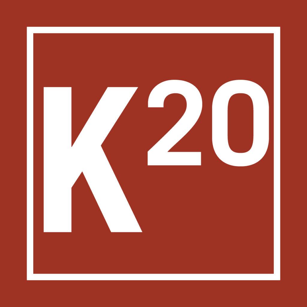 A large white capital "K" and the number "20" to its right are enclosed within a white square border. The background of the image is a solid reddish-brown color.