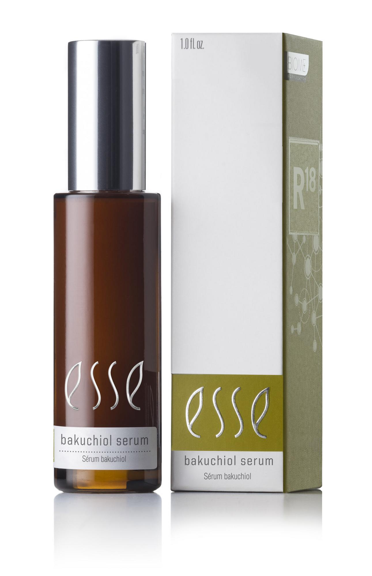 Image of a brown glass bottle labeled "Esse Bakuchiol Serum" next to its corresponding box packaging. The bottle features a silver cap and the label in white text. The box, in shades of beige and green, displays the same branding and product details.