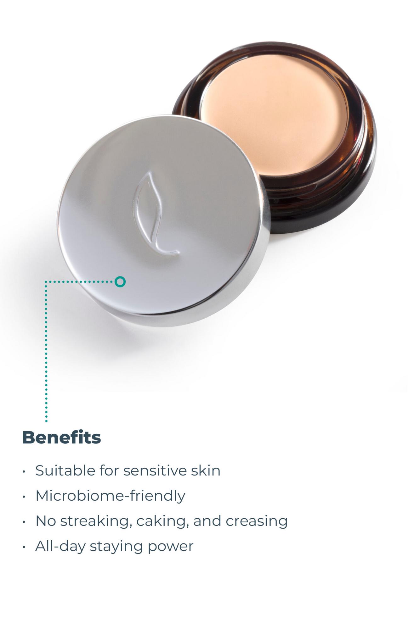 Image of Esse Concealer in a small brown jar with a silver lid featuring a subtle leaf design. The text highlights its benefits: suitable for sensitive skin, microbiome-friendly, no streaking, caking, or creasing, and all-day staying power.