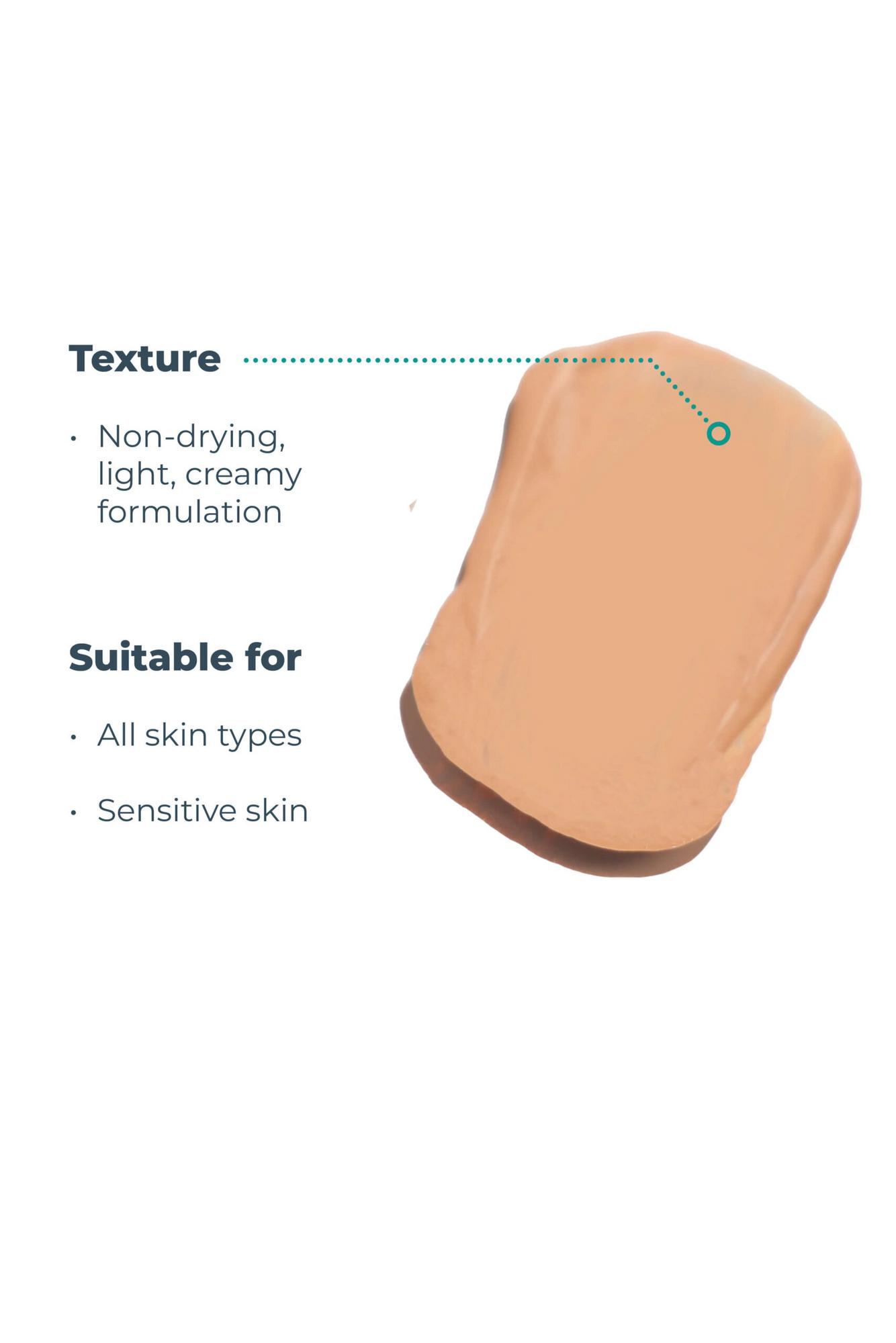 An image displaying a swatch of Esse Concealer, showcasing its beige-colored, non-drying, light, creamy formulation. Text on the side indicates "Suitable for all skin types, including sensitive skin". The product looks smooth and easy to spread.