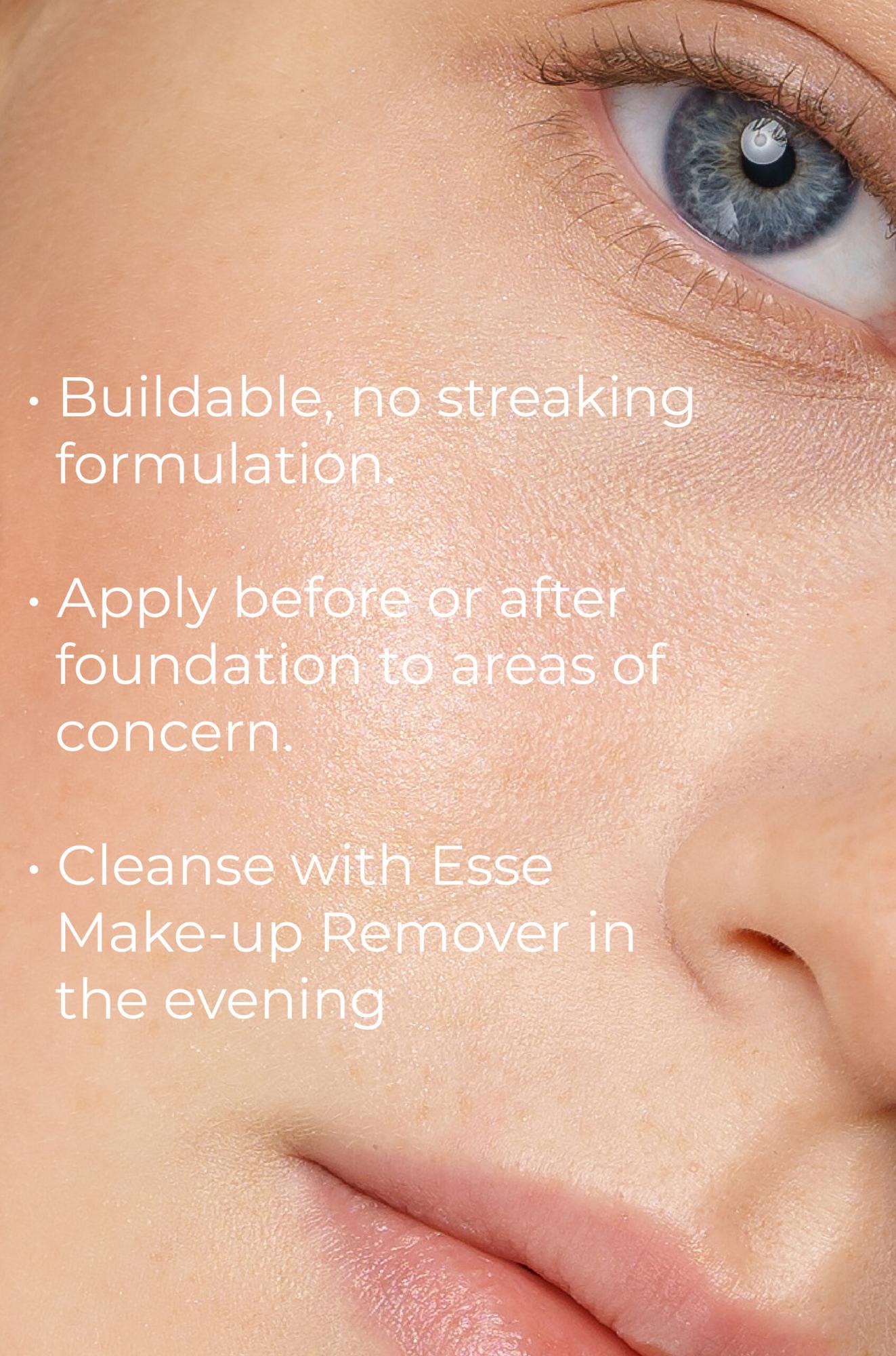 A close-up of a person's face with text overlay: "• Esse Concealer: Buildable, no-streak formula. • Use before or after foundation on troubled areas. • Cleanse in the evening with Esse Make-up Remover." The person has light skin and blue eyes.