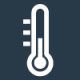 Website_Icons_100x100px10 An icon of a thermometer with a round bulb at the bottom and a vertical tube extending upward. The thermometer is placed against a dark blue background and shows three lines to the left, indicating different temperature levels.