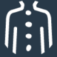 Website_Icons_100x100px8 A white, stylized icon of a coat or jacket with buttons down the center, displayed against a dark background. The coat flares slightly at the bottom, and the design is simple and minimalistic.